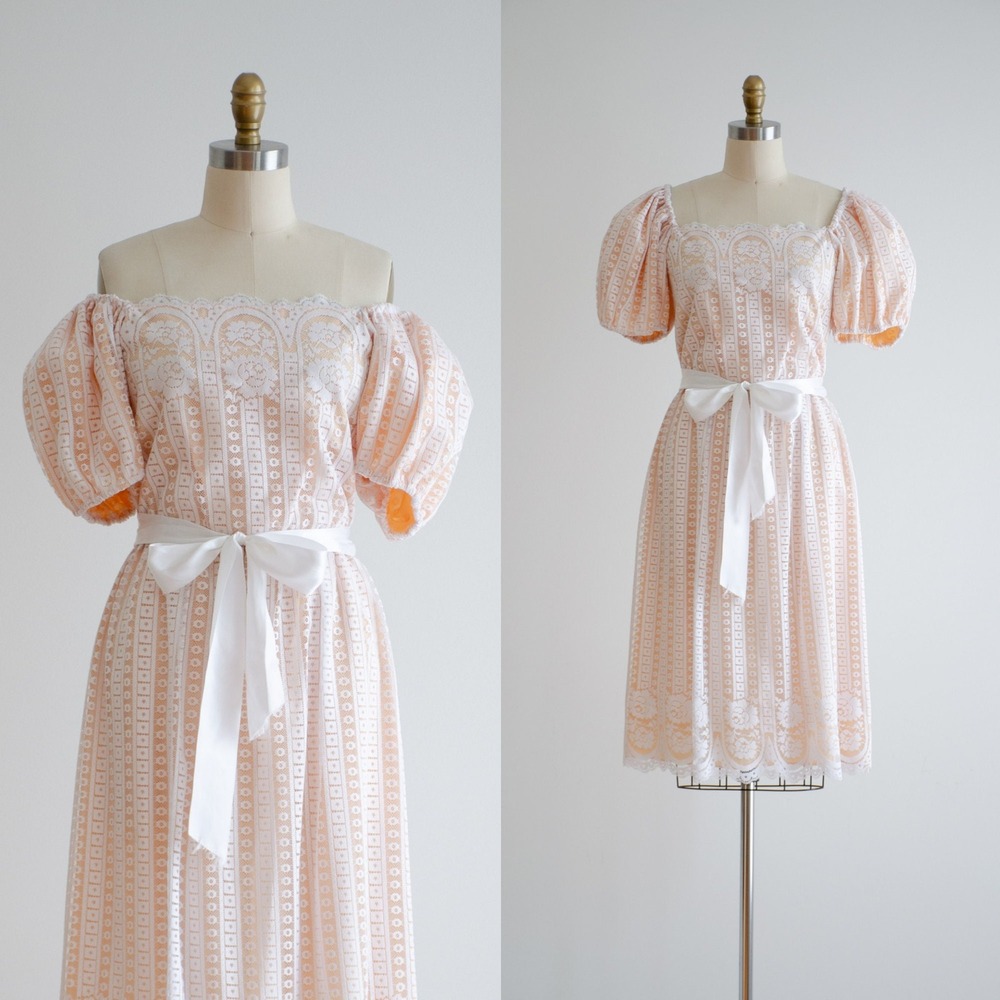 70s vtg cottagecore pastel peach lace off shoulder puff sleeve dress